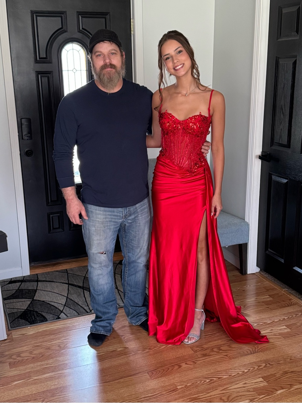 Source Unknown Red Satin Prom Dress with Beaded Corset